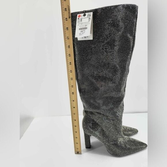 Zara - Women's Rhinestone Sparkly Tall Heeled Boots -Silver/Black. Size:10 (US). - Picture 12 of 16